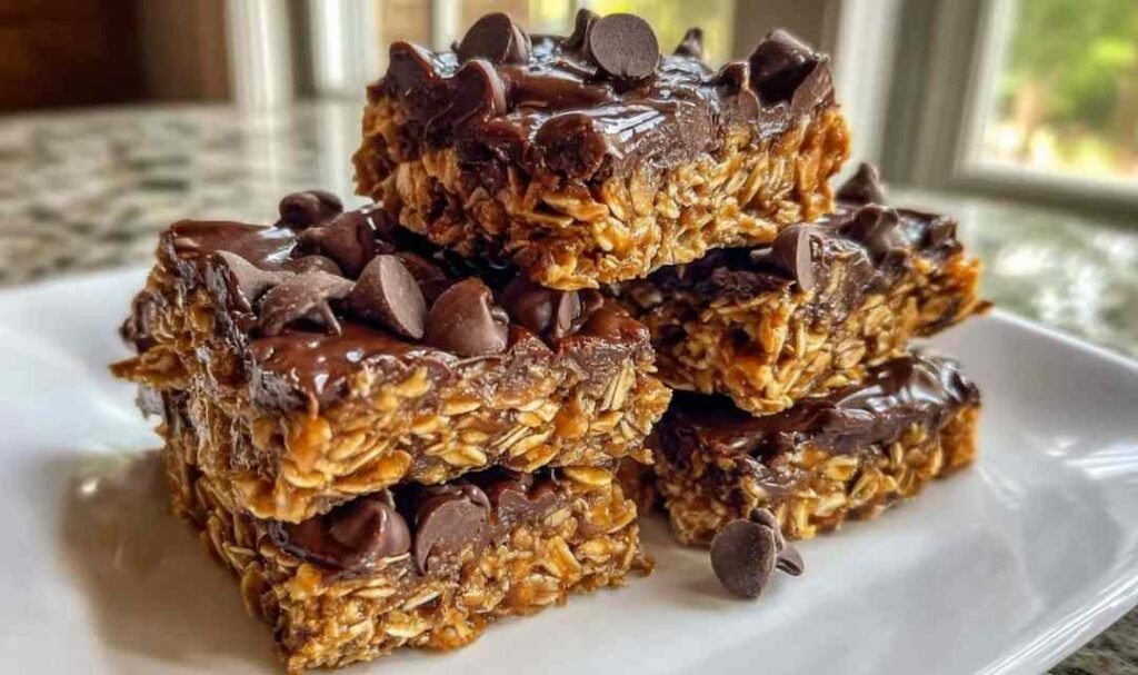 Stack of homemade 5-Ingredient No-Bake Protein Bars with dark chocolate topping resting on parchment paper