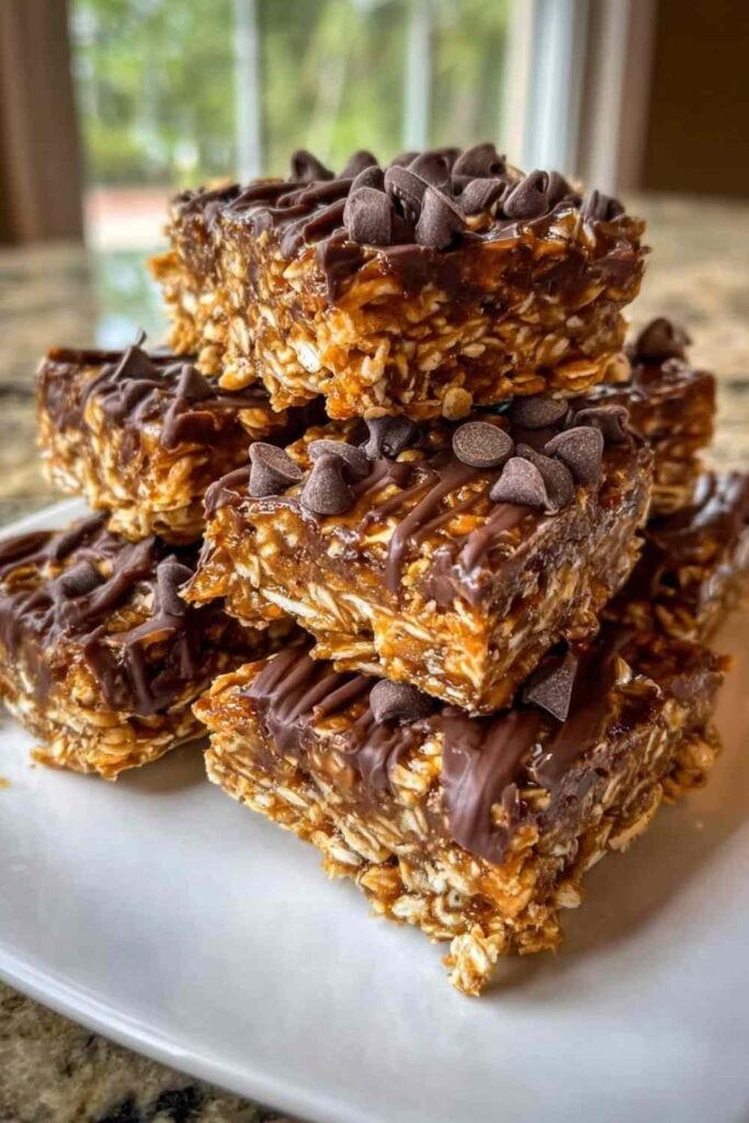 Stack of homemade 5-Ingredient No-Bake Protein Bars with dark chocolate topping resting on parchment paper