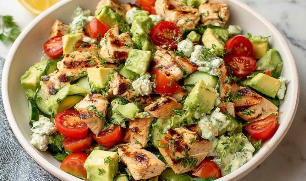 Avocado chicken salad in a large white bowl with diced avocado, cherry tomatoes, cucumber, and cilantro tossed in lime dressing