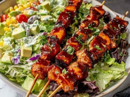 BBQ Chicken Skewer Salad with Creamy Avocado Dressing