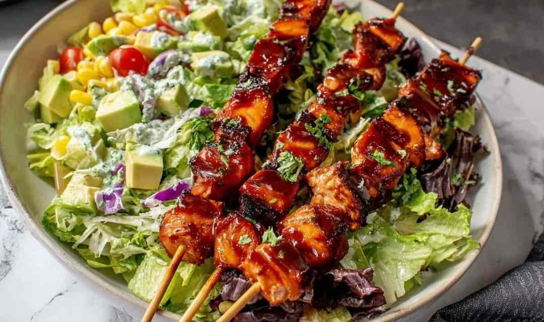 BBQ Chicken Skewer Salad with Creamy Avocado Dressing