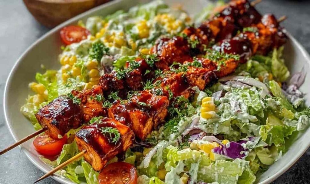 BBQ Chicken Skewer Salad with Creamy Avocado Dressing