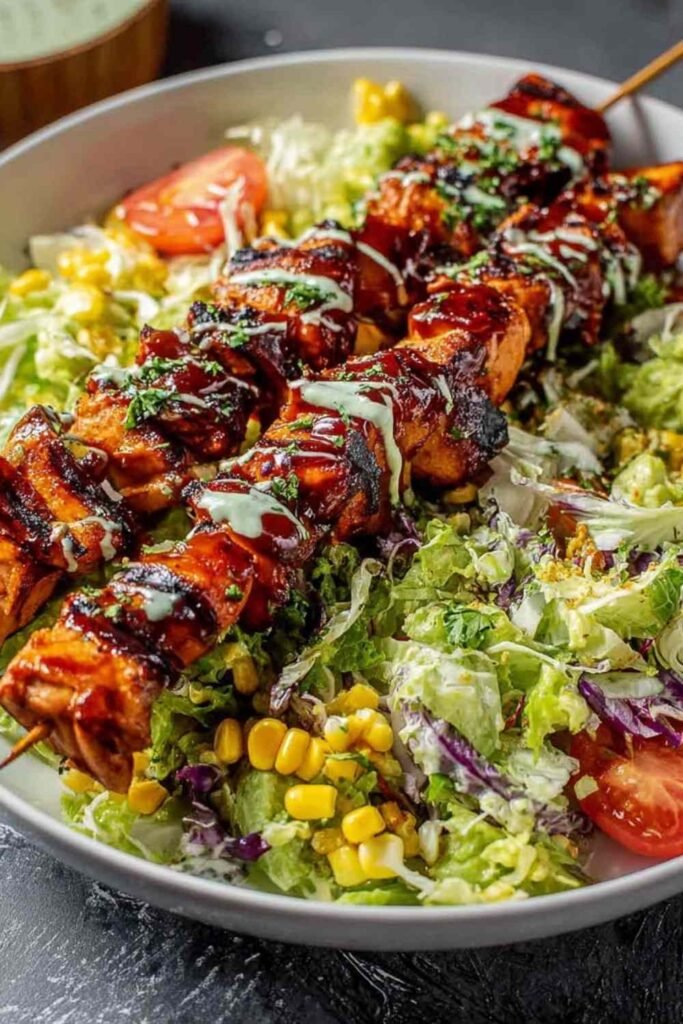 BBQ Chicken Skewer Salad with Creamy Avocado Dressing