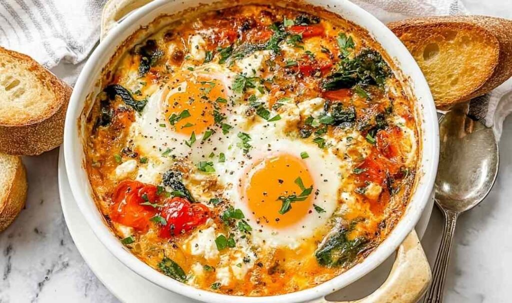 Baked feta eggs with roasted cherry tomatoes and spinach in a white ramekin