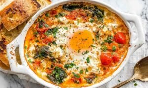 Baked feta eggs with roasted cherry tomatoes and spinach in a white ramekin