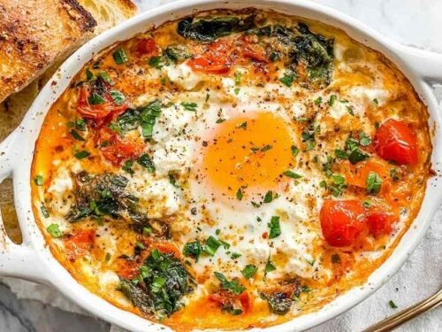 Baked feta eggs with roasted cherry tomatoes and spinach in a white ramekin