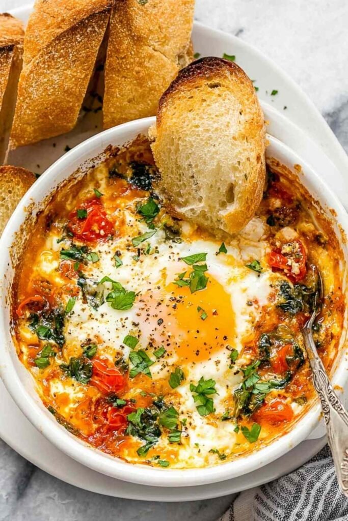 Baked feta eggs with roasted cherry tomatoes and spinach in a white ramekin