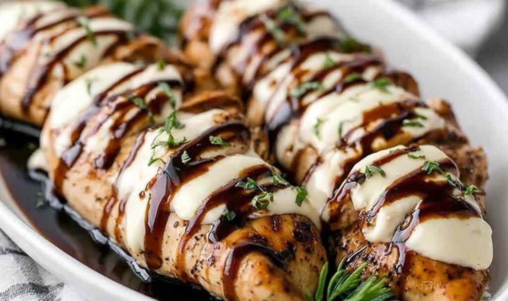 Balsamic Baked Chicken Breast with Mozzarella Cheese in a white baking dish with bubbly melted mozzarella, roasted cherry tomatoes, and fresh basil garnish