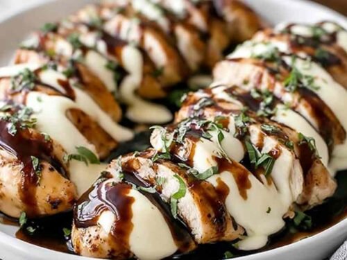 Balsamic Baked Chicken Breast with Mozzarella Cheese in a white baking dish with bubbly melted mozzarella, roasted cherry tomatoes, and fresh basil garnish