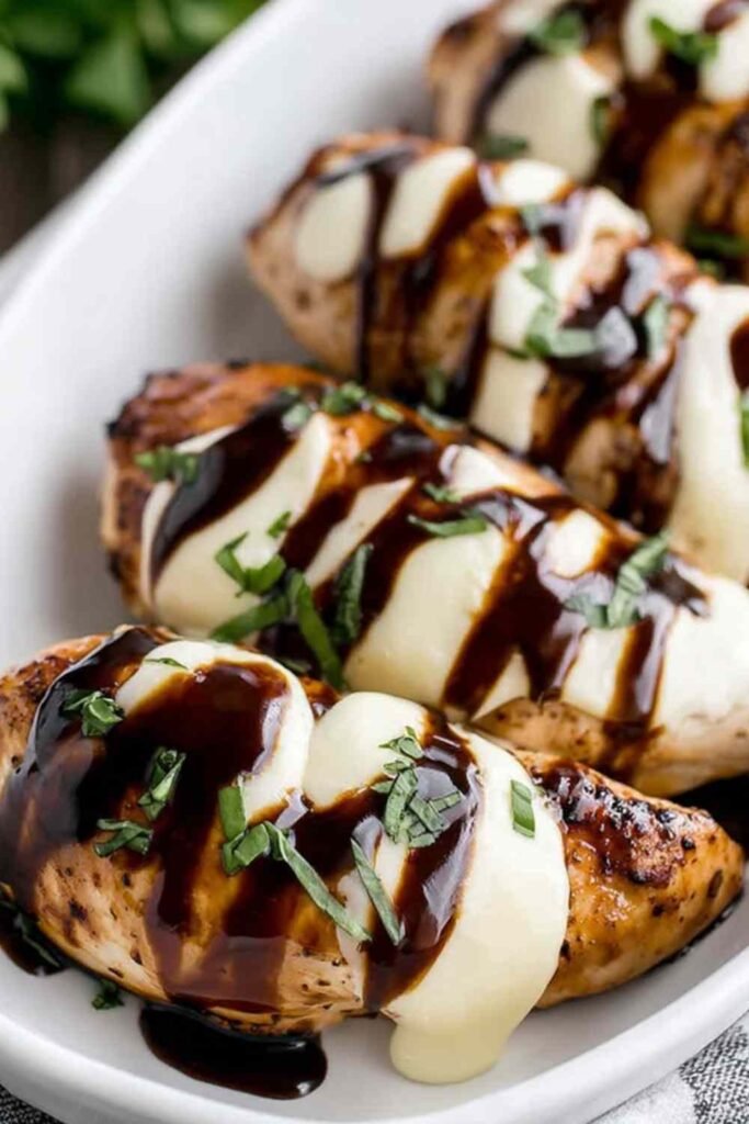 Balsamic Baked Chicken Breast with Mozzarella Cheese in a white baking dish with bubbly melted mozzarella, roasted cherry tomatoes, and fresh basil garnish
