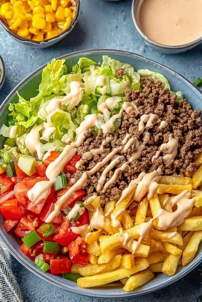 Big Mac bowl with seasoned ground beef, shredded iceberg lettuce, cheddar cheese, and homemade special sauce