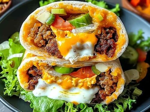 Homemade Big Mac wraps sliced in half showing seasoned ground beef, melted cheese, lettuce, pickles, and special sauce inside a toasted tortilla