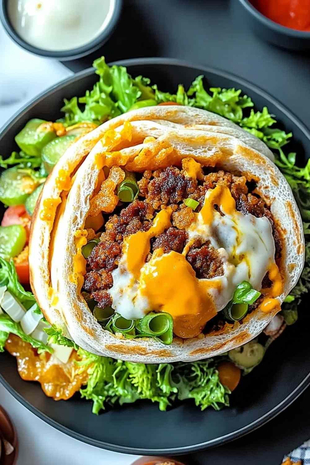 Homemade Big Mac wraps sliced in half showing seasoned ground beef, melted cheese, lettuce, pickles, and special sauce inside a toasted tortilla