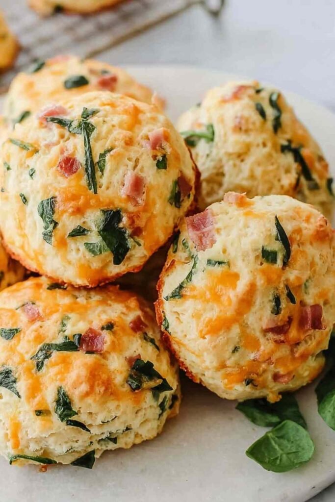Breakfast protein biscuits with melted cheddar cheese cooling on a parchment lined baking sheet fresh from the oven