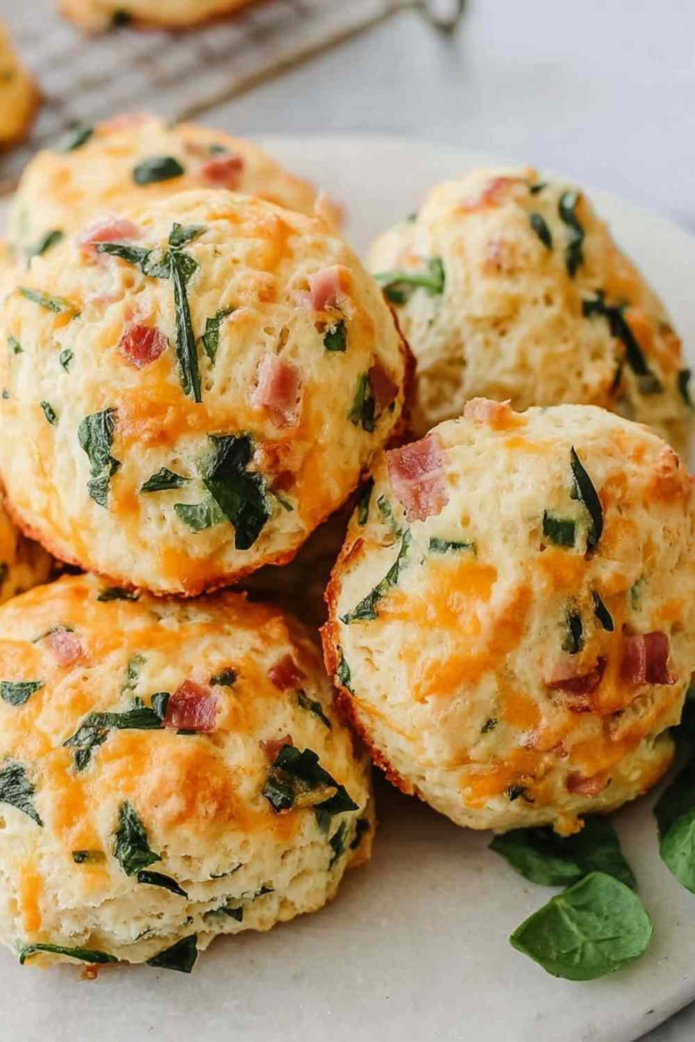 Breakfast protein biscuits with melted cheddar cheese cooling on a parchment lined baking sheet fresh from the oven