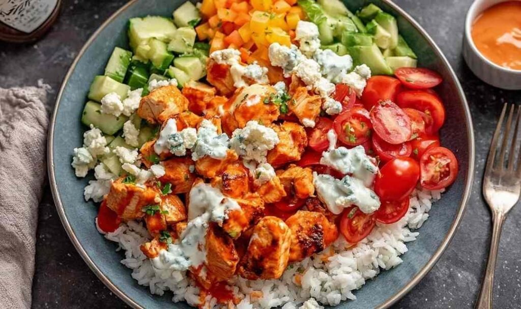 High protein buffalo chicken bowls with rice, fresh vegetables, and creamy buffalo Greek yogurt dressing