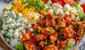 Buffalo chicken protein bowl with spicy sauced chicken over white rice topped with shredded lettuce, cherry tomatoes, cheddar cheese, and ranch drizzle