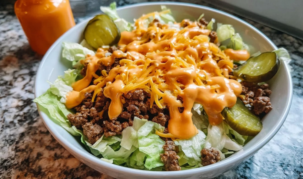 Close-up of a cheeseburger bowl with seasoned ground beef, shredded cheddar, pickles, and tangy sauce over crisp lettuce