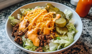 Close-up of a cheeseburger bowl with seasoned ground beef, shredded cheddar, pickles, and tangy sauce over crisp lettuce