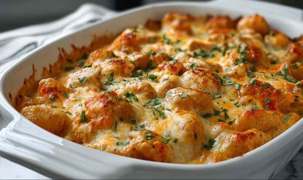 High protein cheesy chicken and potatoes in a skillet with creamy garlic Parmesan sauce and fresh parsley