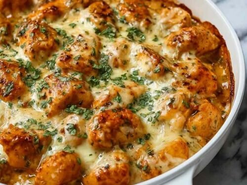 High protein cheesy chicken and potatoes in a skillet with creamy garlic Parmesan sauce and fresh parsley