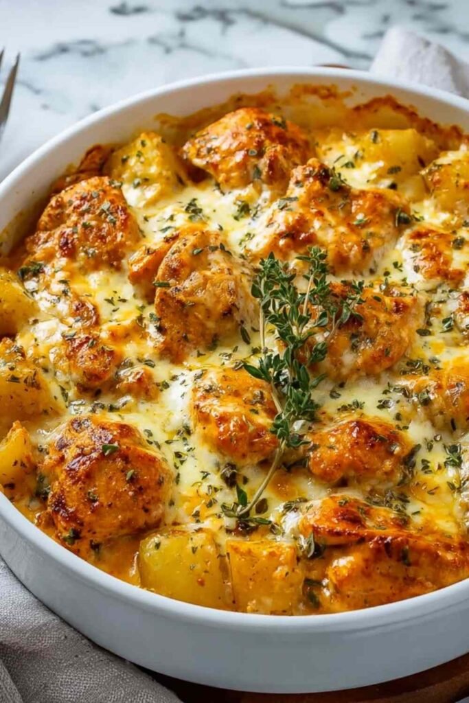 High protein cheesy chicken and potatoes in a skillet with creamy garlic Parmesan sauce and fresh parsley