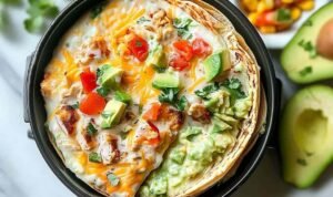 Chicken avocado ranch burritos wrapped and served on a plate with extra ranch dressing on the side