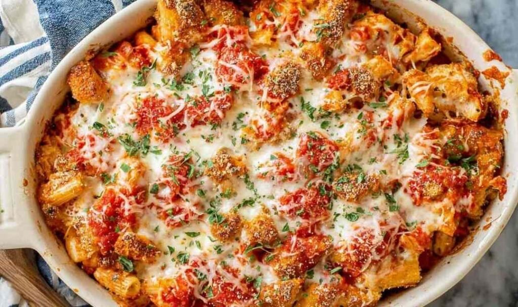 Chicken Parmesan casserole in a white baking dish with melted mozzarella, crispy chicken, and fresh parsley garnish