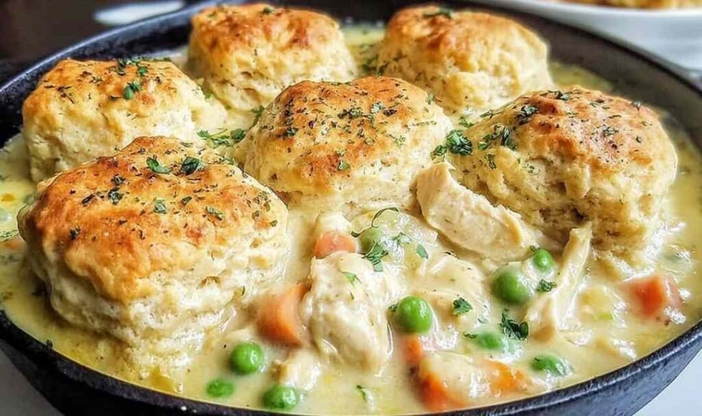 Red Lobster biscuit chicken pot pie with golden Cheddar Bay biscuits on top and creamy chicken filling showing