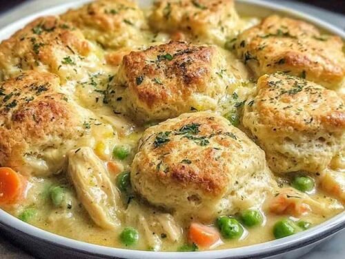 Red Lobster biscuit chicken pot pie with golden Cheddar Bay biscuits on top and creamy chicken filling showing