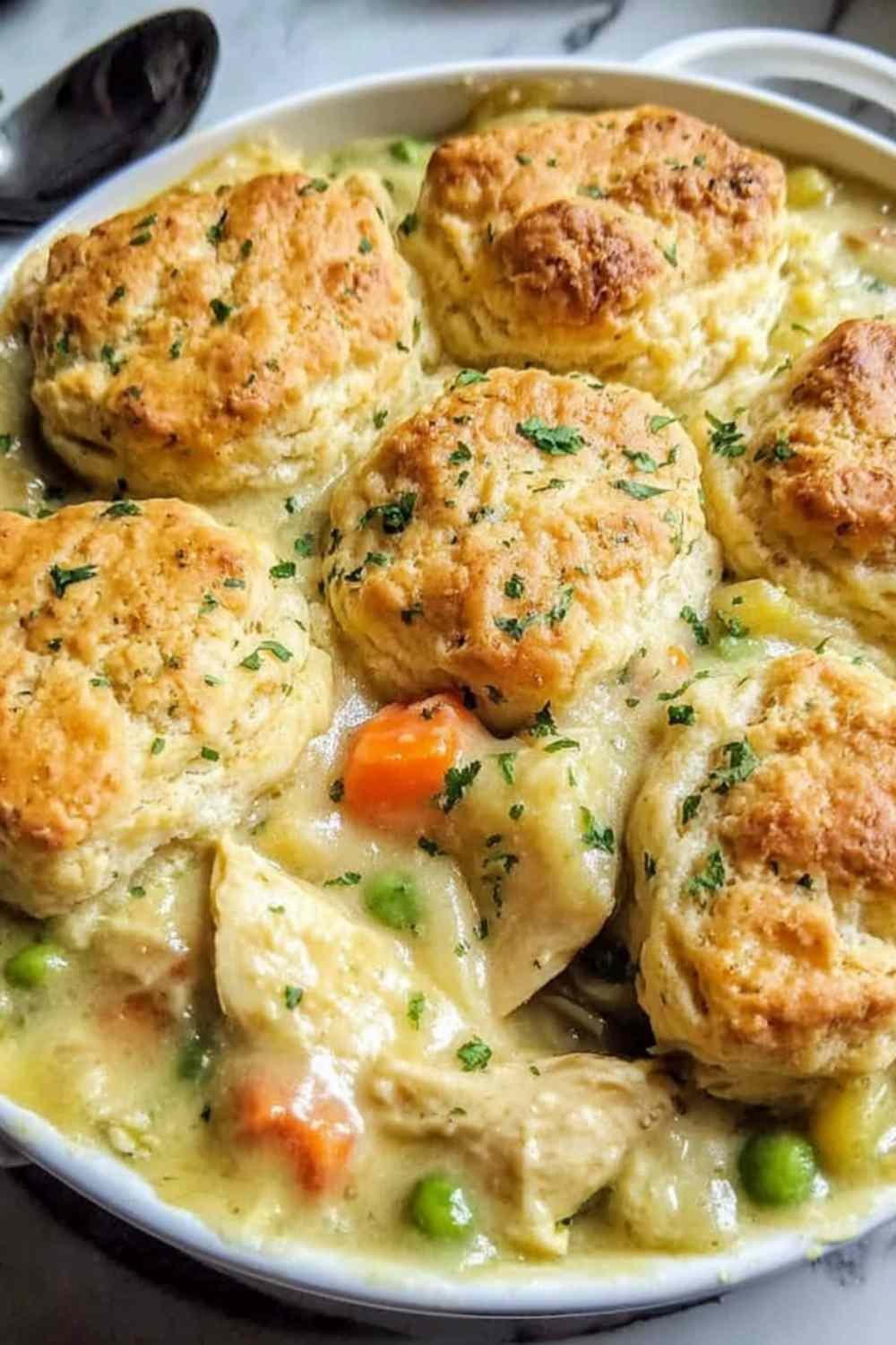 Red Lobster biscuit chicken pot pie with golden Cheddar Bay biscuits on top and creamy chicken filling showing