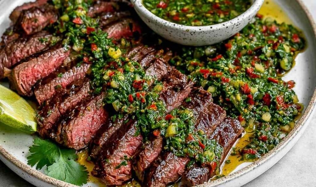 Chimichurri Steak sliced against the grain on a wooden cutting board with vibrant green chimichurri herb sauce drizzled over golden seared ribeye slices