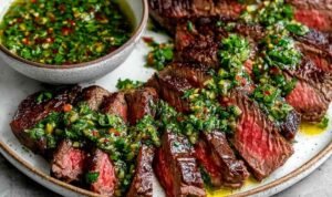 Chimichurri Steak Chimichurri Steak sliced against the grain on a wooden cutting board with vibrant green chimichurri herb sauce drizzled over golden seared ribeye slices