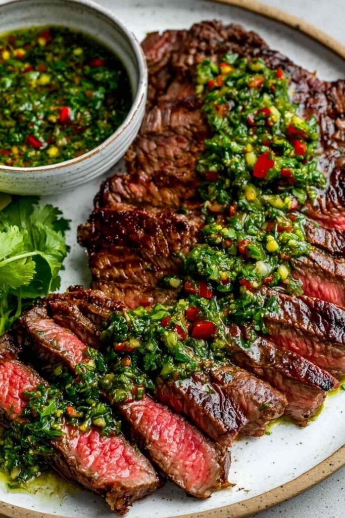 Chimichurri Steak sliced against the grain on a wooden cutting board with vibrant green chimichurri herb sauce drizzled over golden seared ribeye slices