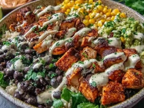 Chipotle chicken bowl with sliced grilled chicken, black beans, charred corn, avocado, and creamy chipotle sauce in a white bowl