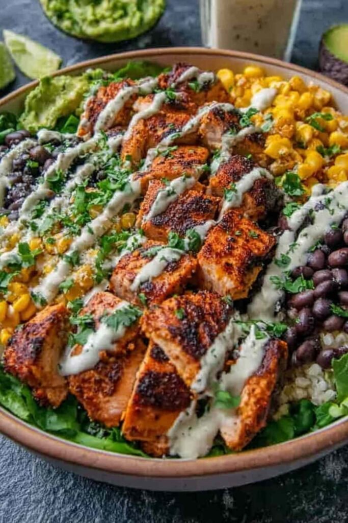Chipotle chicken bowl with sliced grilled chicken, black beans, charred corn, avocado, and creamy chipotle sauce in a white bowl