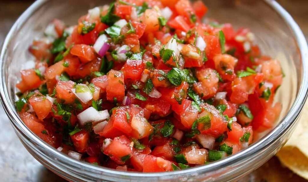 Bowl of copycat Chipotle pico de gallo with diced tomatoes, white onion, cilantro, and jalapeño with lime wedge on the side