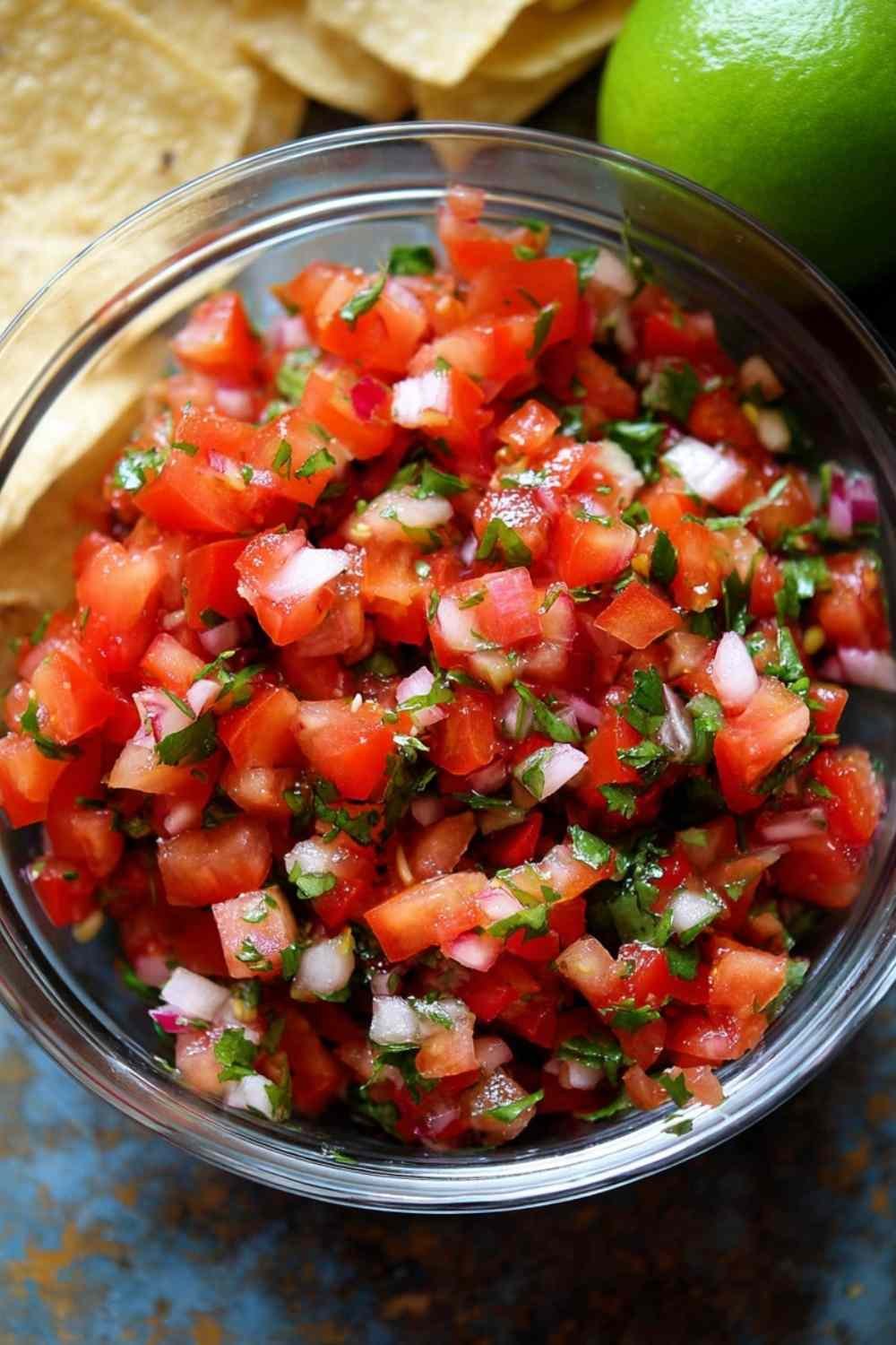 Bowl of copycat Chipotle pico de gallo with diced tomatoes, white onion, cilantro, and jalapeño with lime wedge on the side