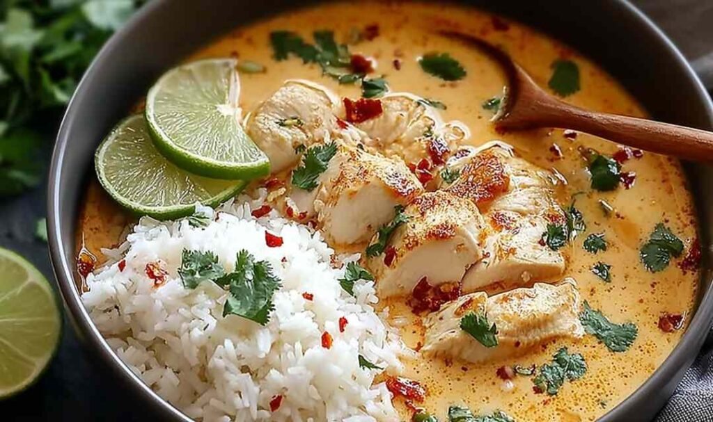 Coconut Chicken Brothy Rice in a white bowl with sliced chicken thighs, creamy coconut broth, jasmine rice, cilantro, green onions, and a lime wedge