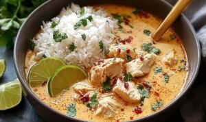 Coconut Chicken Brothy Rice in a white bowl with sliced chicken thighs, creamy coconut broth, jasmine rice, cilantro, green onions, and a lime wedge