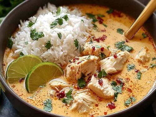 Coconut Chicken Brothy Rice in a white bowl with sliced chicken thighs, creamy coconut broth, jasmine rice, cilantro, green onions, and a lime wedge
