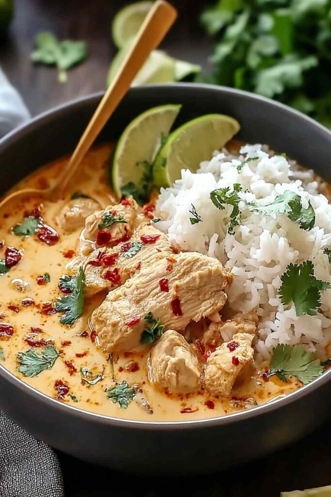 Coconut Chicken Brothy Rice in a white bowl with sliced chicken thighs, creamy coconut broth, jasmine rice, cilantro, green onions, and a lime wedge