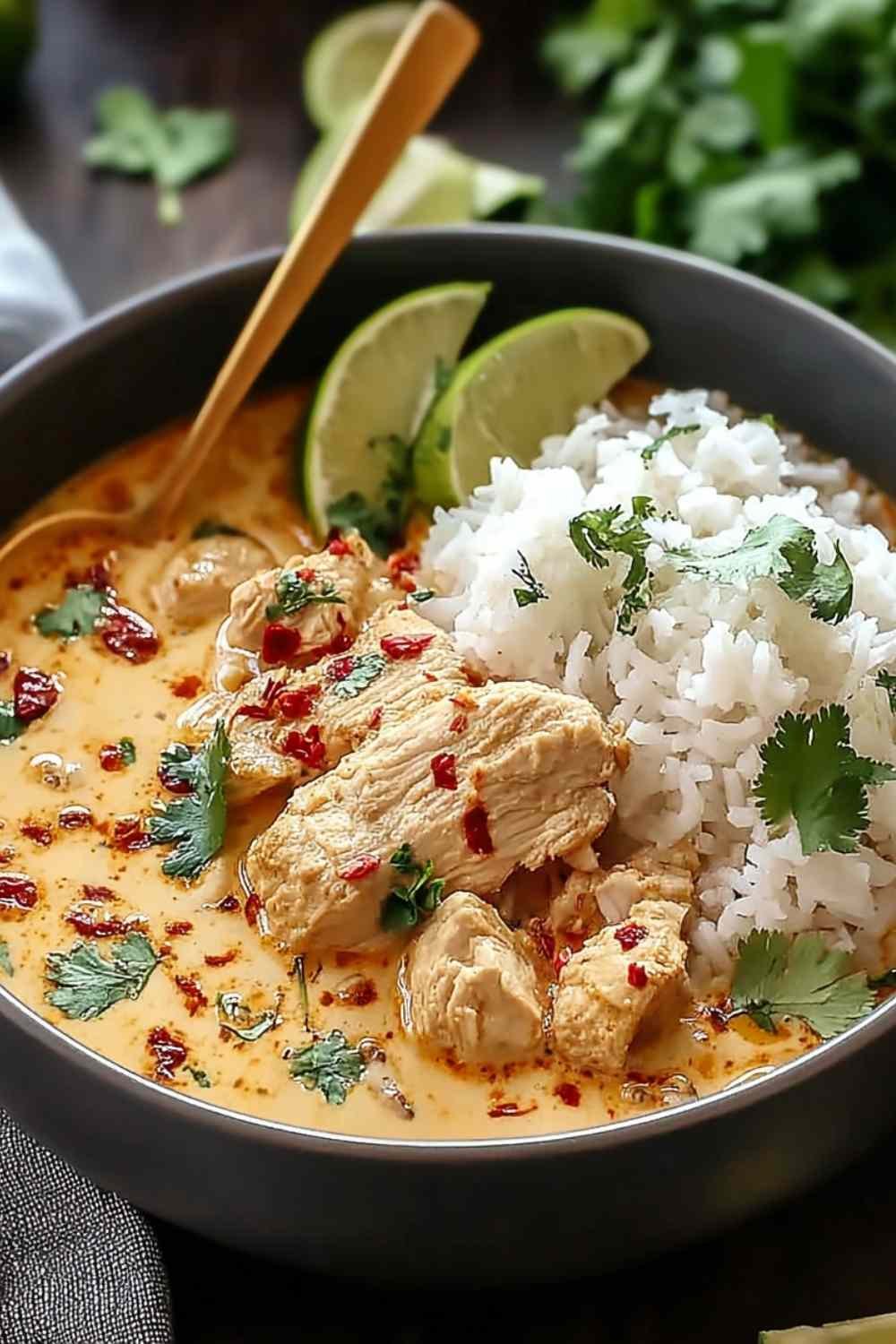 Coconut Chicken Brothy Rice in a white bowl with sliced chicken thighs, creamy coconut broth, jasmine rice, cilantro, green onions, and a lime wedge