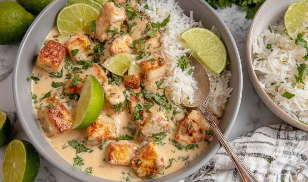 Crispy coconut lime tofu served over jasmine rice in a white bowl, garnished with fresh cilantro and lime wedges