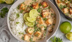 Crispy coconut lime tofu served over jasmine rice in a white bowl, garnished with fresh cilantro and lime wedges