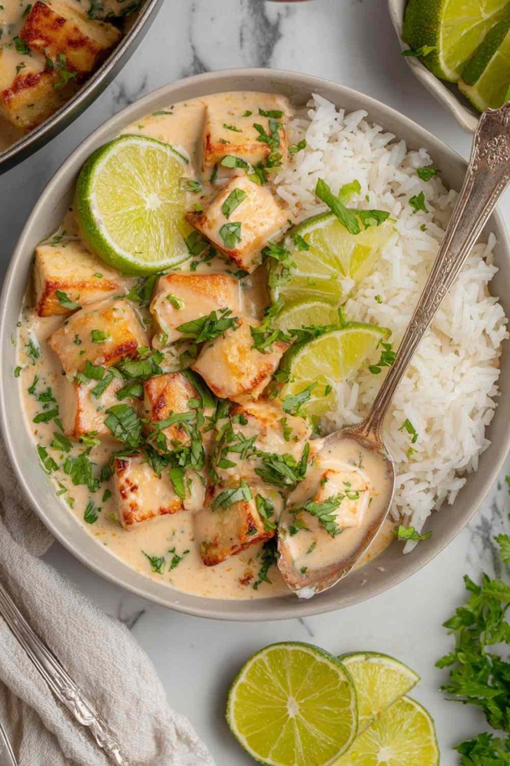 Crispy coconut lime tofu served over jasmine rice in a white bowl, garnished with fresh cilantro and lime wedges