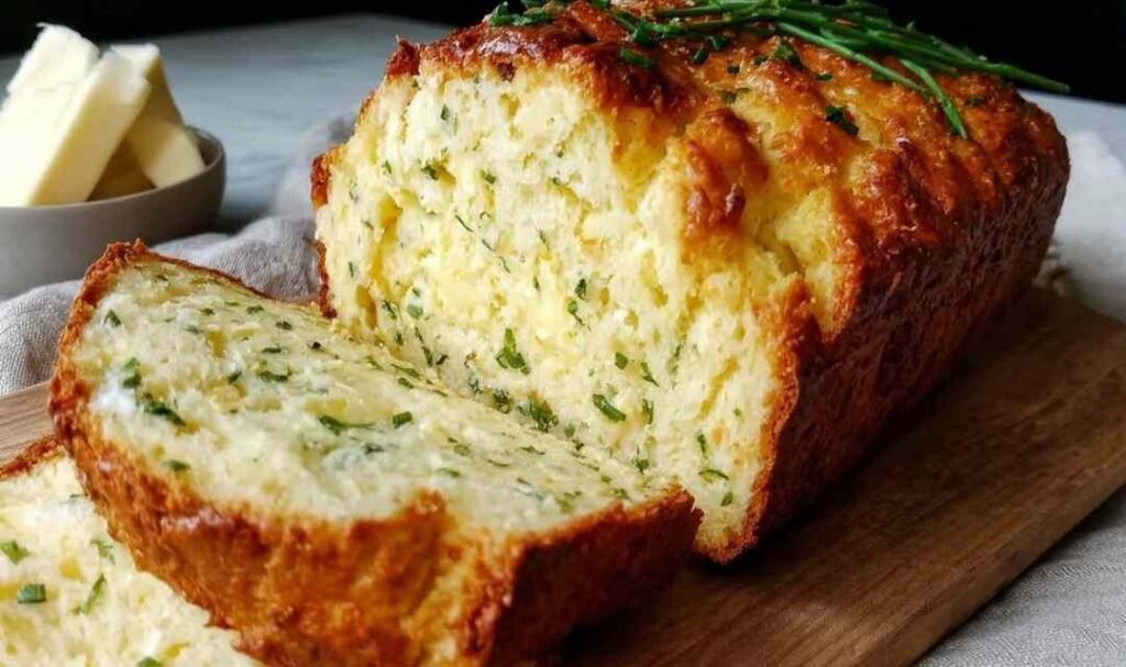 Golden sliced cottage cheese bread loaf on a wooden cutting board showing a moist high-protein crumb