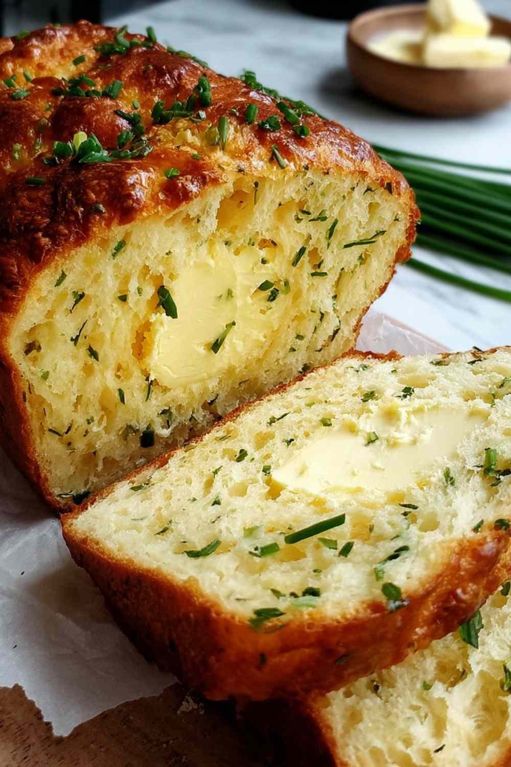 Golden sliced cottage cheese bread loaf on a wooden cutting board showing a moist high-protein crumb