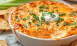 Healthy Cottage Cheese Buffalo Chicken Dip Cottage cheese buffalo chicken dip in a white baking dish with golden bubbling edges, buffalo sauce drizzle, and chopped green onions on top