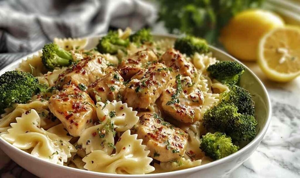 A white pasta bowl filled with Cowboy Butter lemon bowtie chicken and vibrant green broccoli florets. The farfalle pasta is coated in a glossy garlic butter sauce, topped with fresh parsley, chives, and a sprinkle of Parmesan cheese